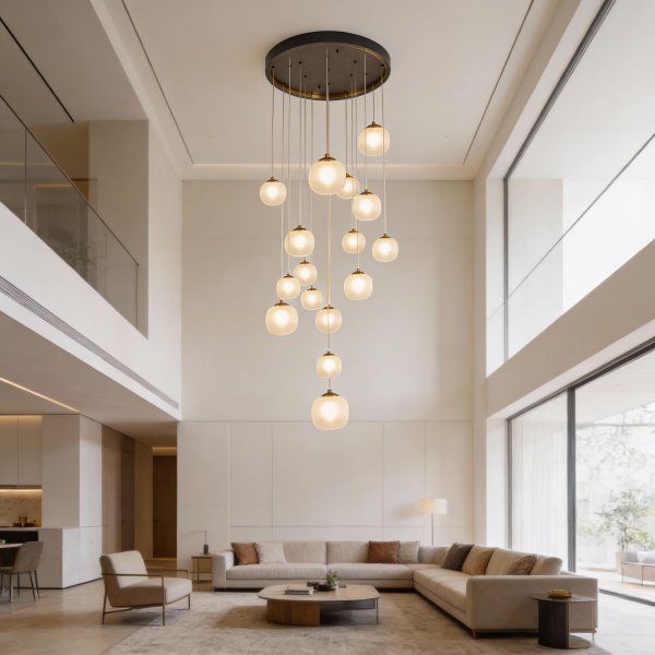 Plafonnier OKO 16 lumières blanc opal et doré, grand plafonnier décoratif